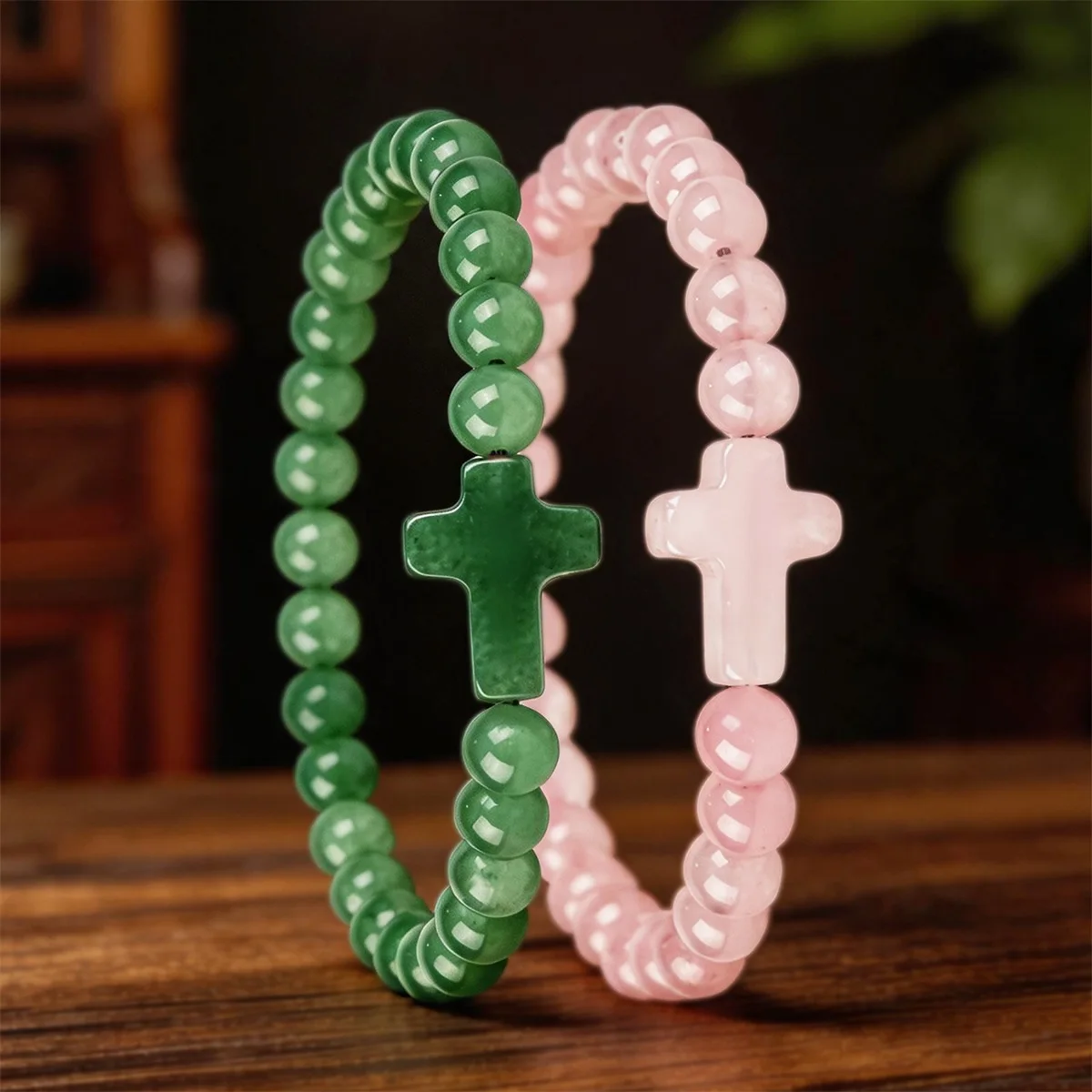 Pink Quartz Real Jade Bracelet for Women Natural Stone Cross Jewelry Gift for Mom Grandma Mother 100% Authentic