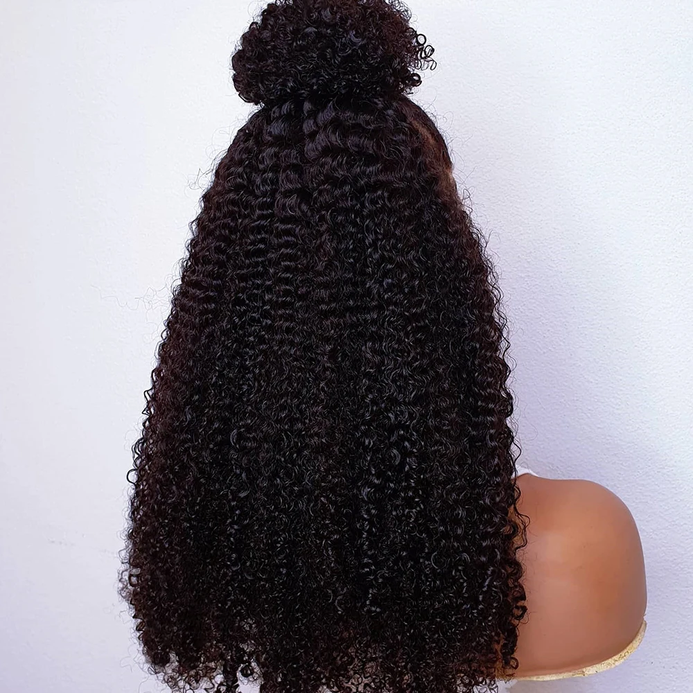 Peluca rizada de encaje frontal para mujer, pelo de bebé Natural, negro, suave, larga, 180de densidad, predesplumada diaria, resistente al calor, sin pegamento, 26 pulgadas