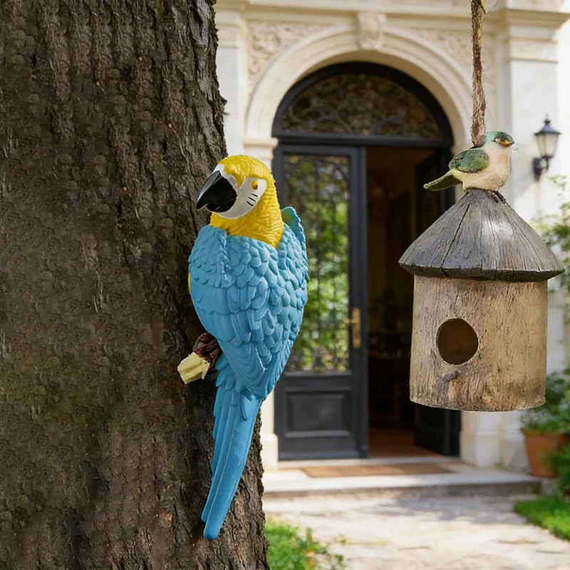 Simulated Blue Parrot Tree Hanging Statue Ornament Creative Bird Sculpture Outdoor Courtyard Garden Climbing Tropical Birds Gift image 4