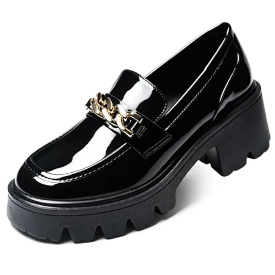 

Black Platform Loafers for Women, Chunky Heel Slip On Shoes, Comfortable Business Casual Dressy Office Loafers