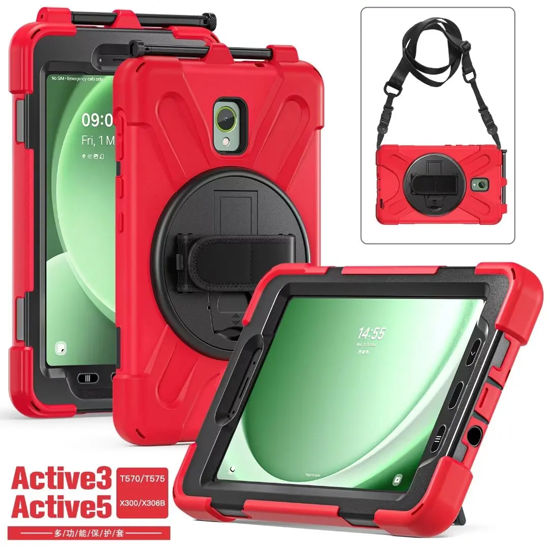 PC Case For Samsung Galaxy Tab Active 3 8.0 SM-T570 T575 T577, 360 Rotation Hand Shoulder Strap 3 Layer Multifunctional Case