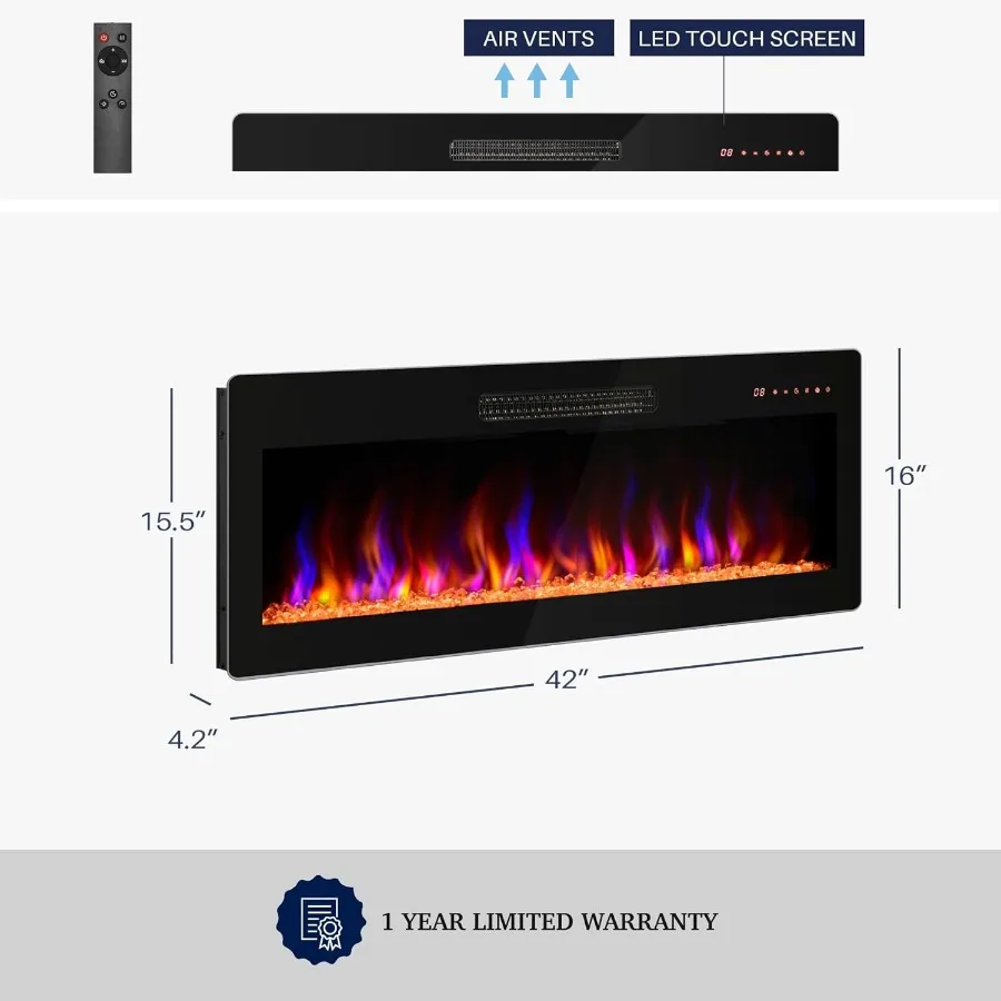 42 Electric Fireplace Heater 1400W Recessed Wall Mounted with Remote Control Adjustable Flame Color and Brightness Timer Touch