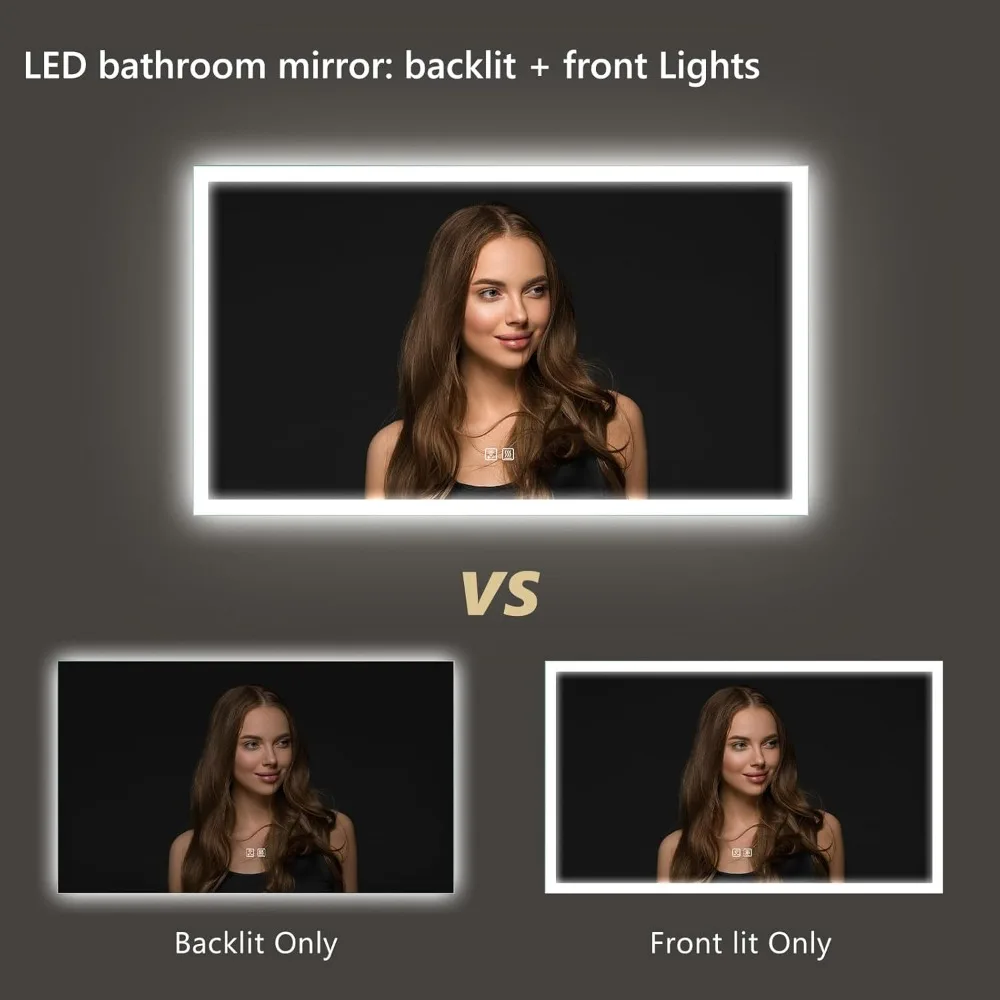 60 x 28 Zoll LED-Badezimmerspiegel mit Beleuchtung vorne und hinten, 3-Farben-Lichtoptionen, Speicherfunktion und Antibeschlagfunktion