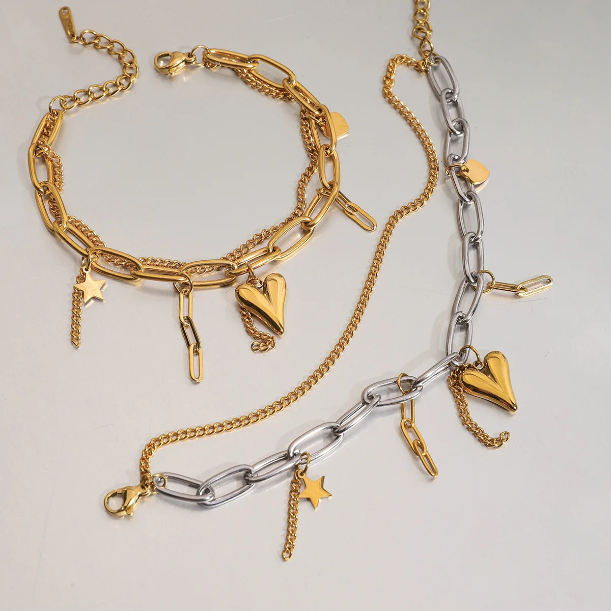 

Stainless Steel Star Heart Shape Two Tone Double Layer Chain Bracelets 18K Gold Color Plated Cuban Chain Bracelet Jewelry Gift