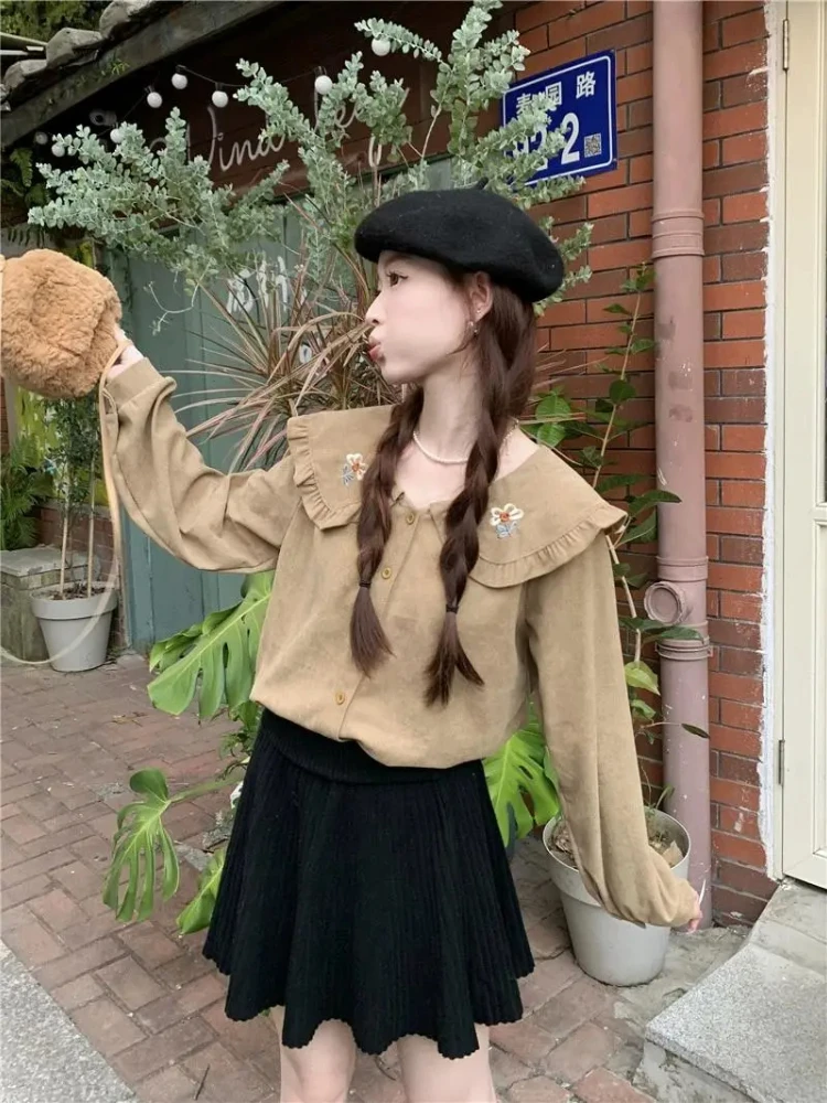 

Cute Floral Sweet Shirt Women Vintage Embroidery Kawaii Blouse Japan Long Sleeve Loose Female Elegant Preppy Style Tops New