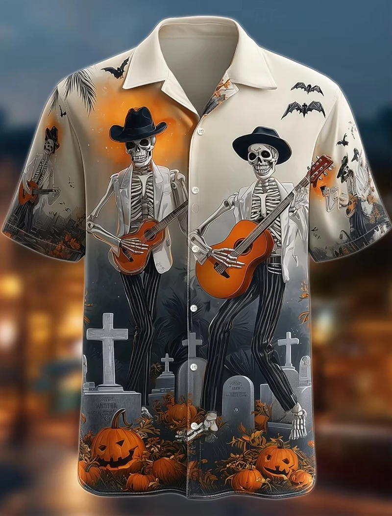 

2025 New Men's Shirts Halloween Themed Shirt Button Shirt Short Sleeve Dark Punk Gothic Style Holiday Streetwear Harajuku Tops