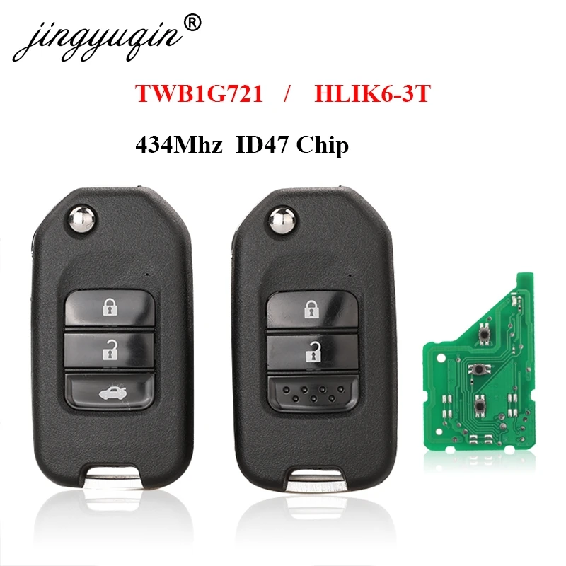 Jingyuqin-chave remota para honda civic, acordo, cidade, cr-v, jazz, xr-v, vezel, hr-v, frv, jade spirior, 433mhz, hlik6-3t/twb1g721