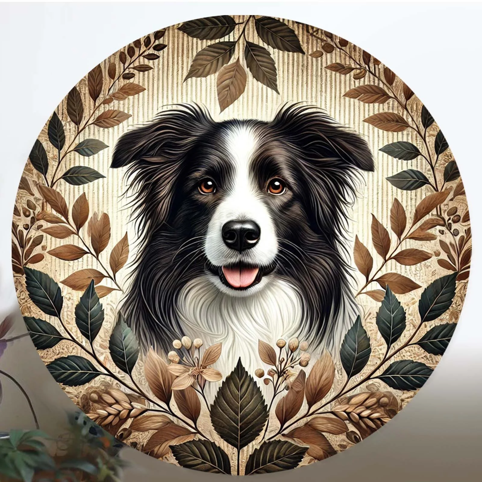 2D Flat - 1pc of 2D Flat Printed Metal Sign Featuring a Border Collie Sculpture, Measuring 7.8X7.8inch. This Round Decorative Si