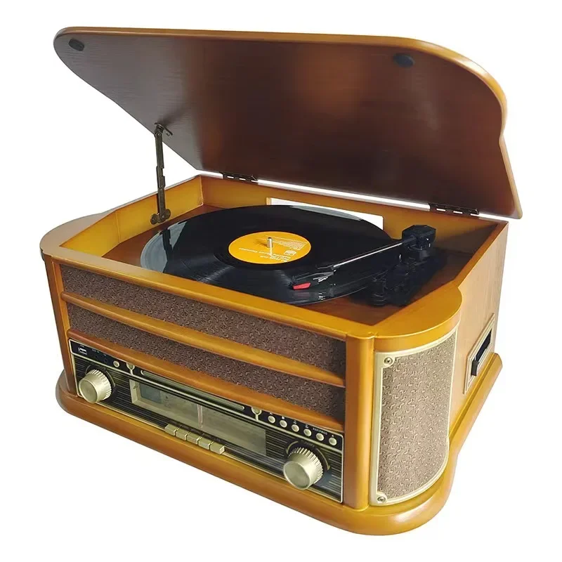 Vintage Phonograph Classic Yellow Wood Vinyl Record Player Turntables with BluetoothStereo Record Player CD Cassette FM/AM Radio