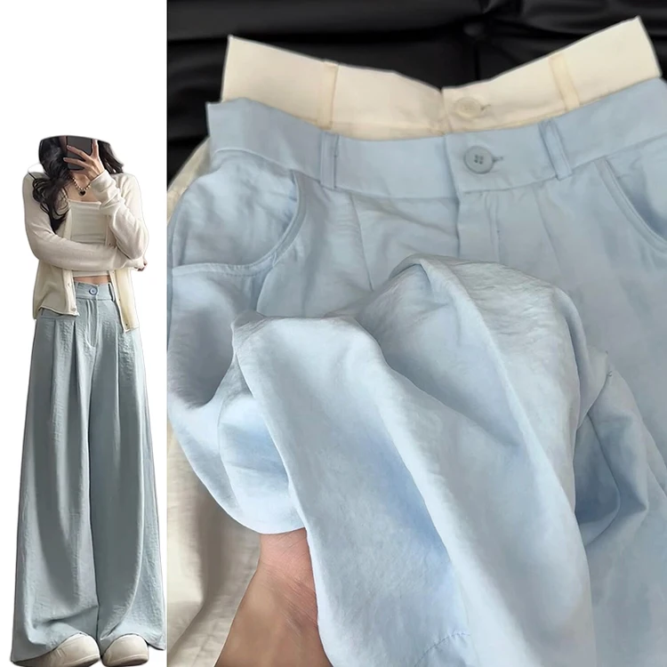 Pantalon décontracté en soie glacée bleue pour femmes, pantalon de costume fin à Texture plissée, taille haute, jambe droite, coupe ample, nouvelle collection été