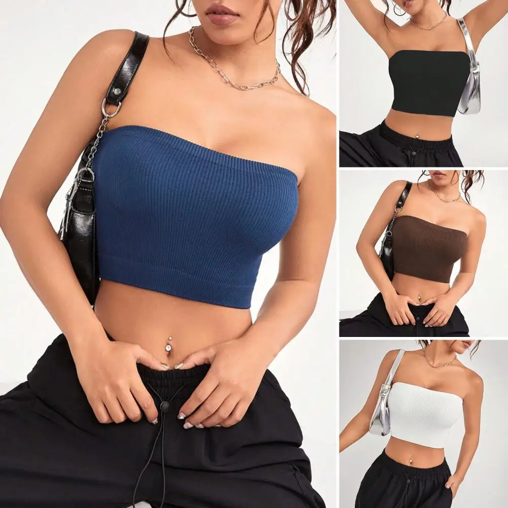 Quick-drying Cropped Top Women Ribbed Vest Anti-slip Bandeau Strapless Sleeveless Backless Tank Top Sweat Absorption Tank Top