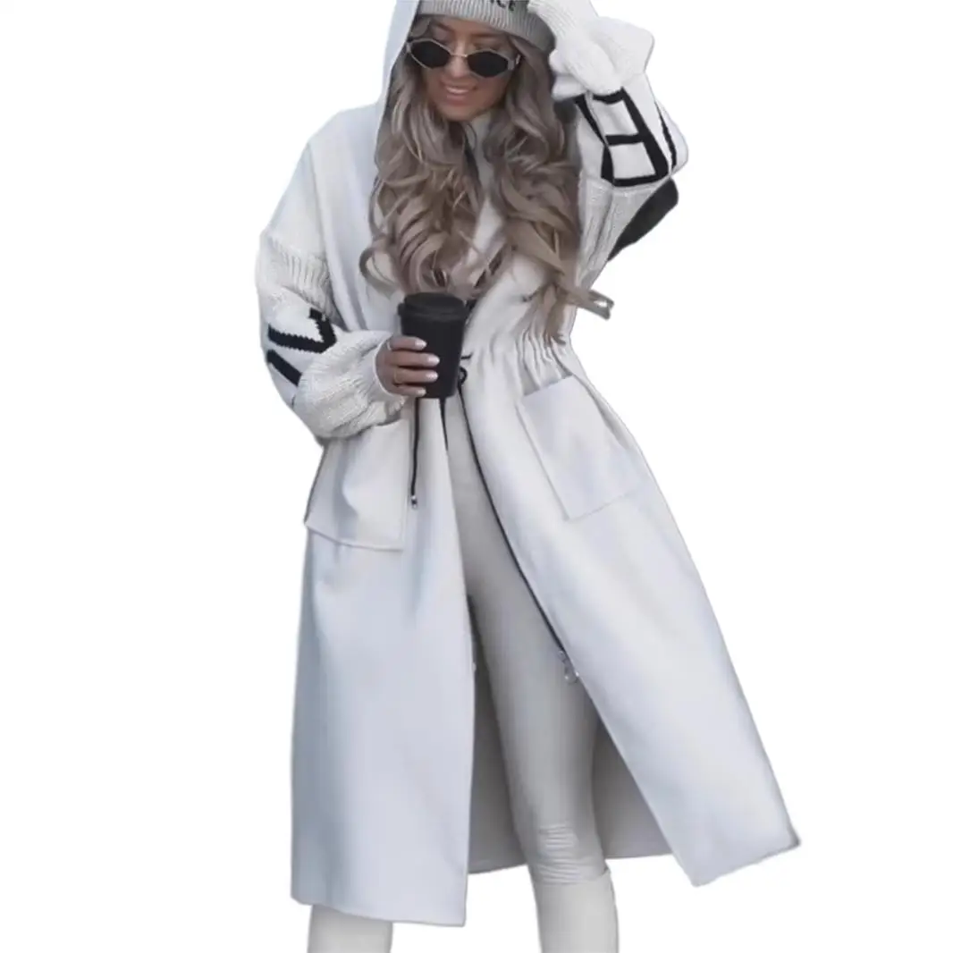 

2025 New Fashion Printed Zipper Hooded Long Jacket Winter Casual Loose Spliced ​​Drop Shoulder Sleeve Long Sleeve Top For Women