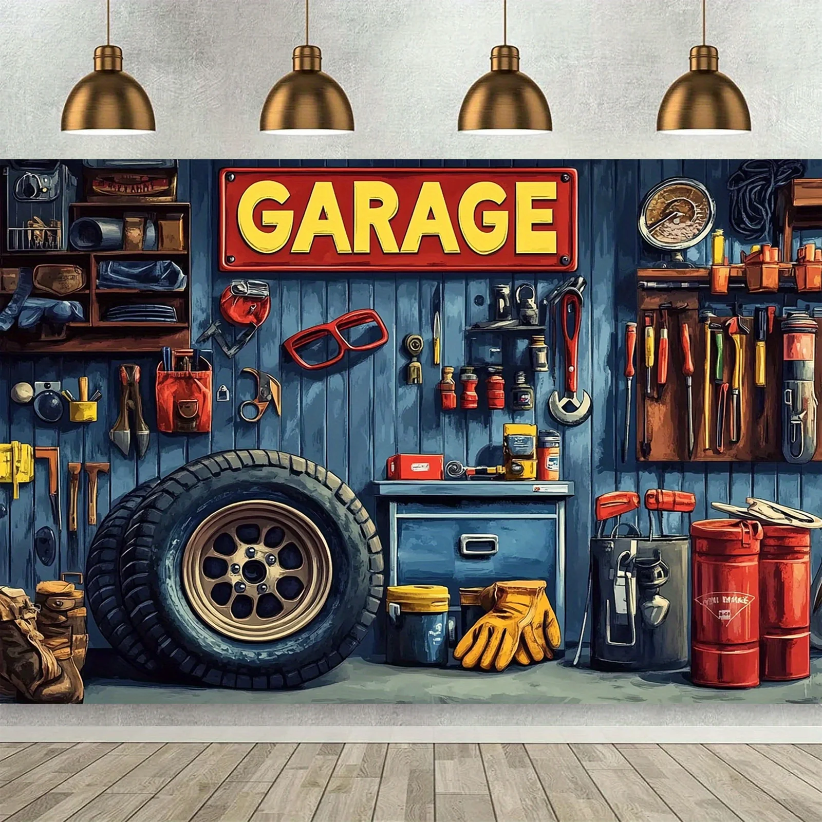 Ein Polyester-Hintergrund mit Garage- und Autoreparatur-Motiv, vielseitige Wanddekoration, geeignet für Geburtstagsfeiern und Autoveranstaltungen