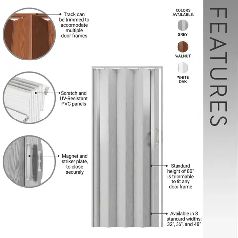 Accordion Achieve Applications Applications including Available Available standard Bedrooms Closure Door Standard 32 W PVC Folda