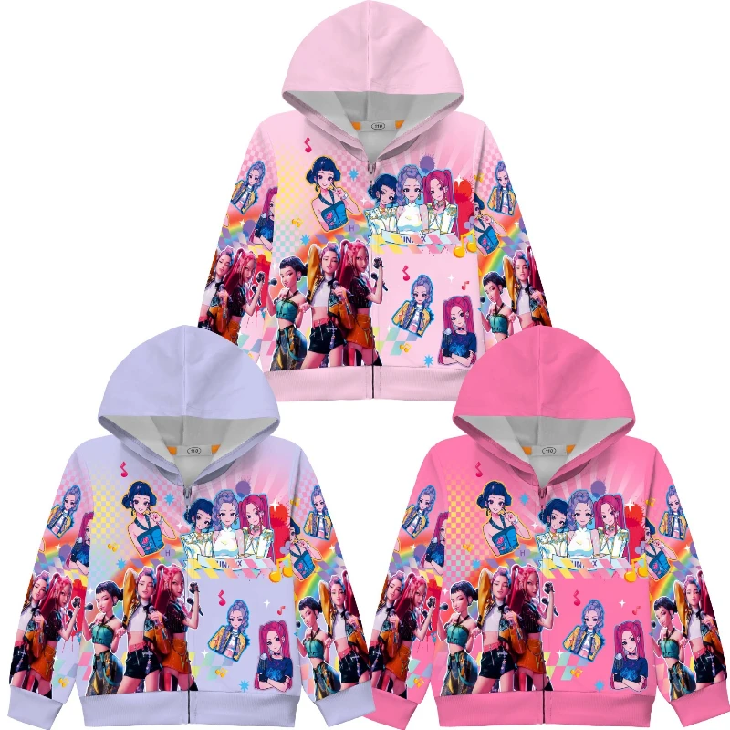 

New Anime MovieK Pop Demon Hunters Rumi Costume Printed Hoodie, Girls' Coat Zipper Hooded Jacket Halloween Zipper Hoodie