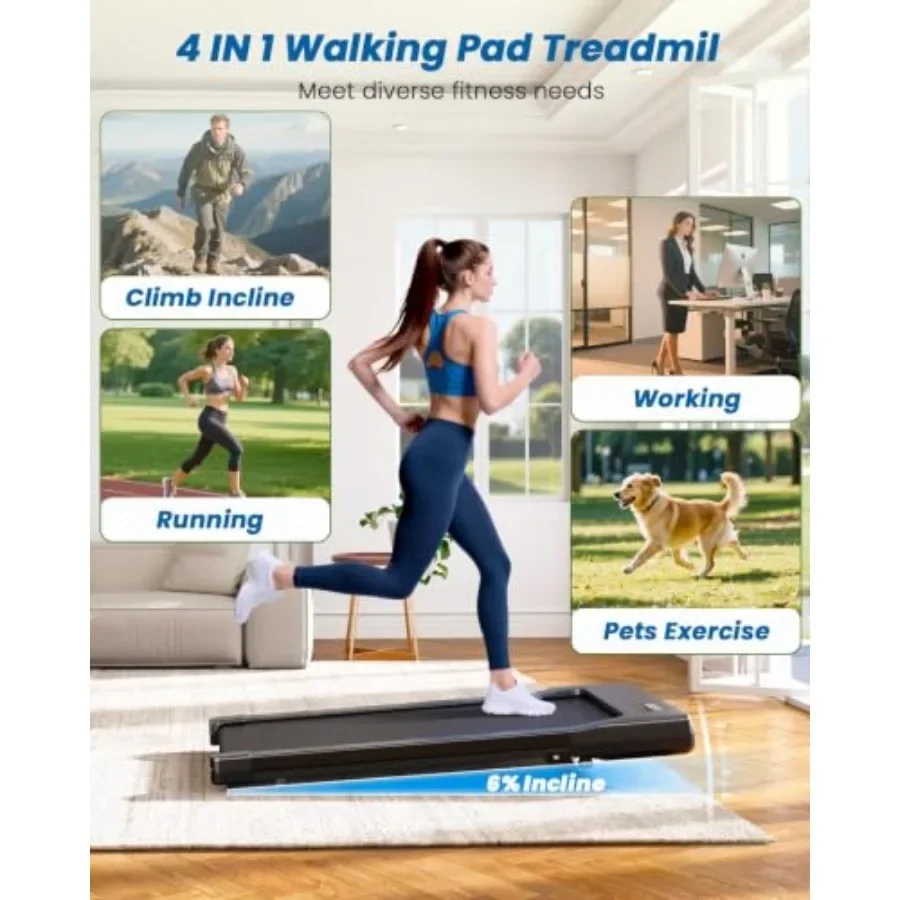 Walking Pad Treadmill for home use, aluminum alloy frame, black finish, foldable design with 3-level incline and adjustable han