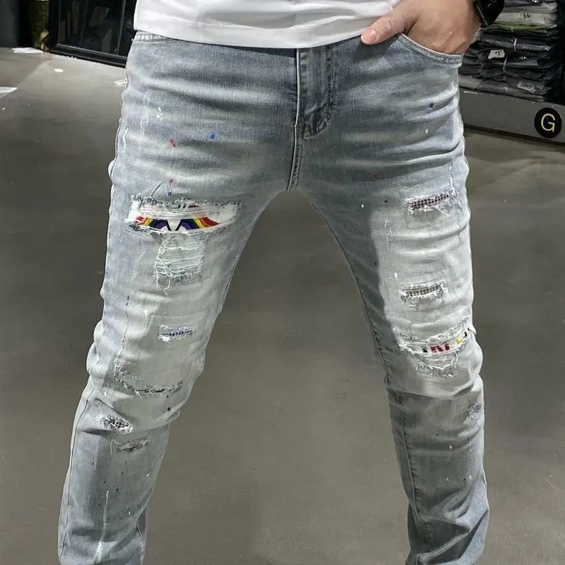 Designer Boyfriend Jeans for Men Vintage Patched Ripped Holes 90s Trendy Style Skinny Blue Distressed Washed Denim Pants Male