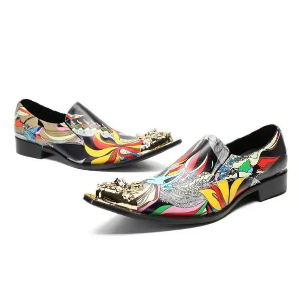 

Spring Men's Colorful Leather Gold Metal Iron Pointed Toe Slip On Flat Shoes Male Breathable Business Low Top Outdoor Shoes