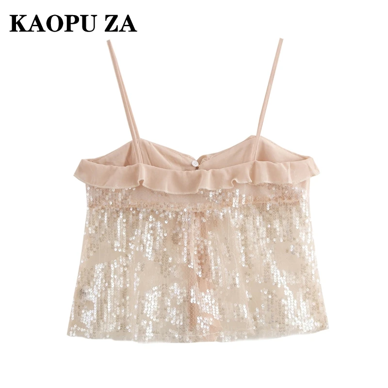 KAOPU ZA 2024 Autumn New Lady Sexy Sleeveless Jumper Vest Party Woman Solid Color Shoulder Gilet Slim Lace Halter Top Waistcoat