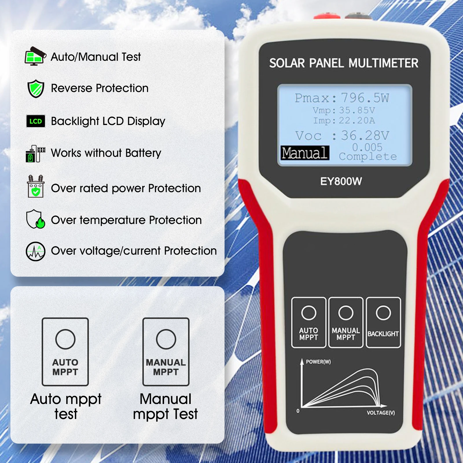 Solar Panel Tester Photovoltaic Multimeter with Ultra Clear LCD Troubleshooting Utility Tool for Solar PV Testing (LCD 800W)