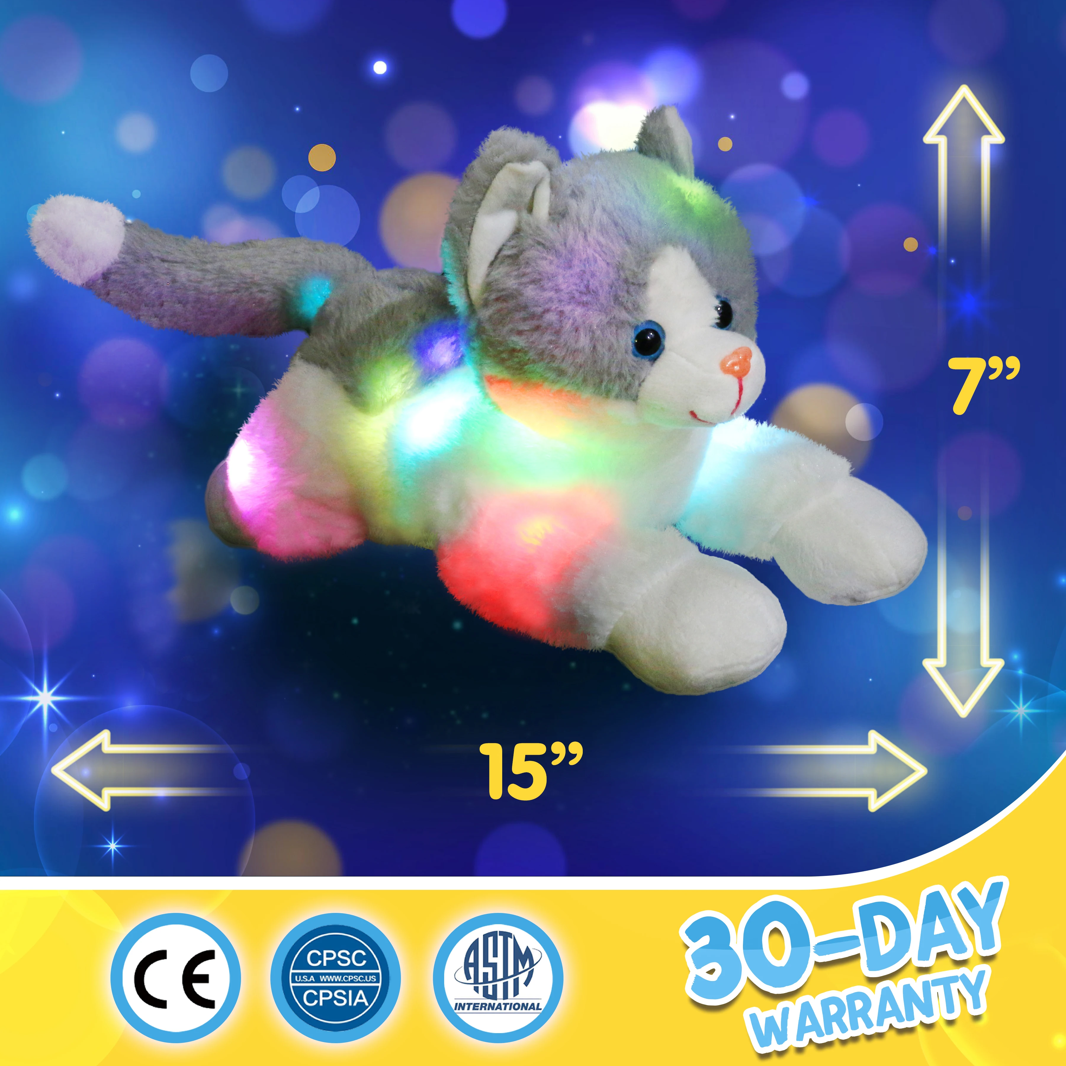 Glow Guards 15 Inch Light Up Led Kitty Cat Stuffed Animals Plush Toy Colorful Rainbow Creative Glowing Christmas Gift for Kids