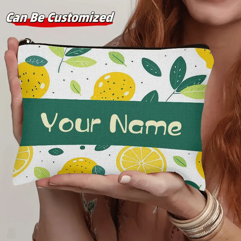 Custom Name Lemon Leaf Zipper Pouch Fresh Yellow Lemon Print Canvas Cosmetic Bag Personalized Travel Makeup Storage Pouch