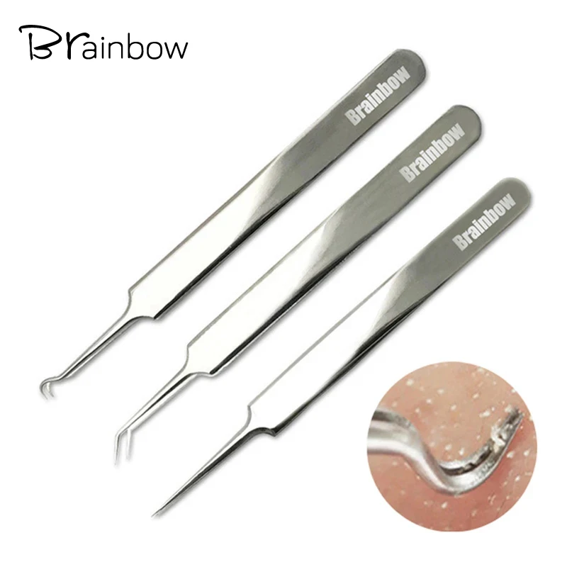 Brainbow 3 pc/Pack Point Noir Pince À Épiler de Point Noir et Défaut Décapants Point Bend Chef Gib Comédon Acné Extractor Visage Soins de La Peau Outils