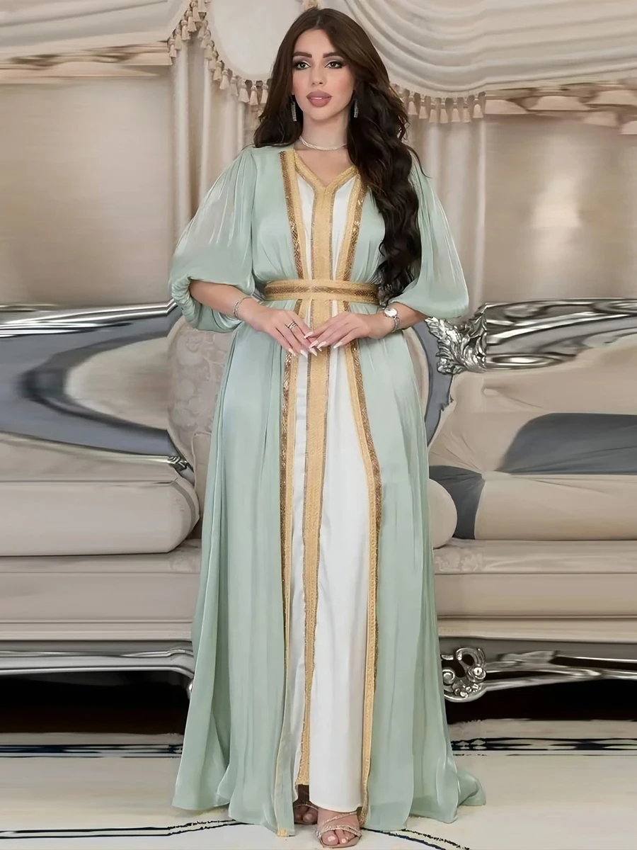 

Moroccan Caftan Luxury 2024 Silk Satin Elegant Lantern Sleeve 3pcs Dress Diamonds Abaya Muslim Sets Ramadan Dresses for Women