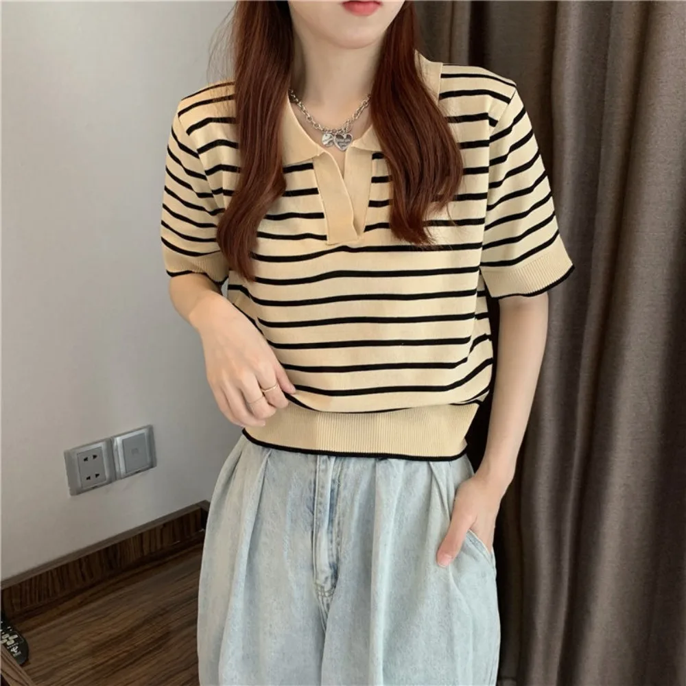 Fashion Summer Contrast Striped Knit Sweater Temperament Sweet Short Top Casual Popular Thin Top Outdoor