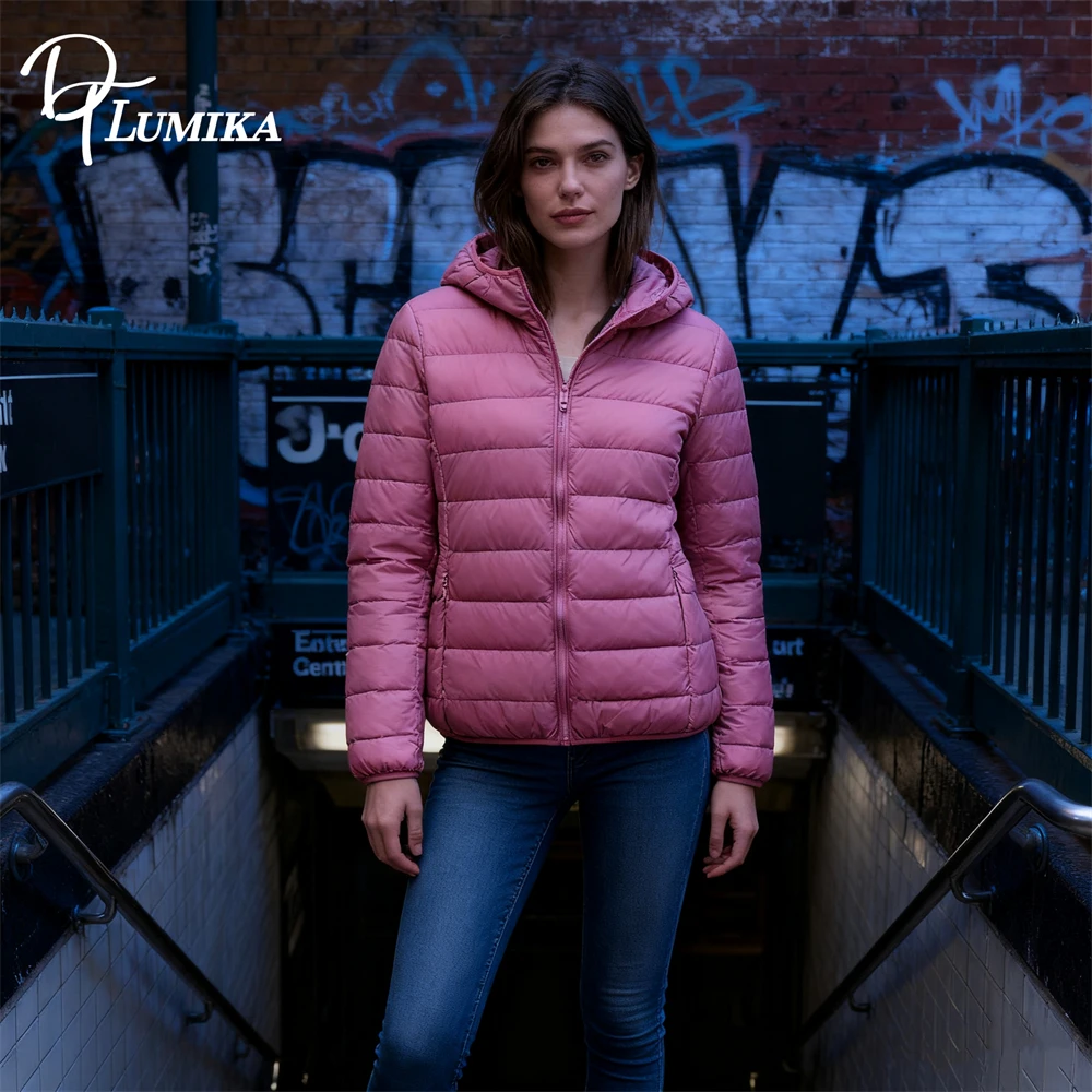 DTLumika S-8XL Daunenjacke für Damen 2025, leichte kurze Kapuzenjacke, extra große Daunenjacke, trendiges Outfit
