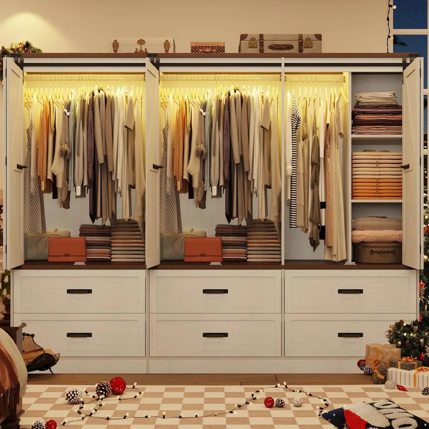 

Farmhouse 6 Doors Armoire Wardrobe Closet w Folding Sliding Barn Door and Lights LED Armoire Closet w 6 Drawers for Bedroom