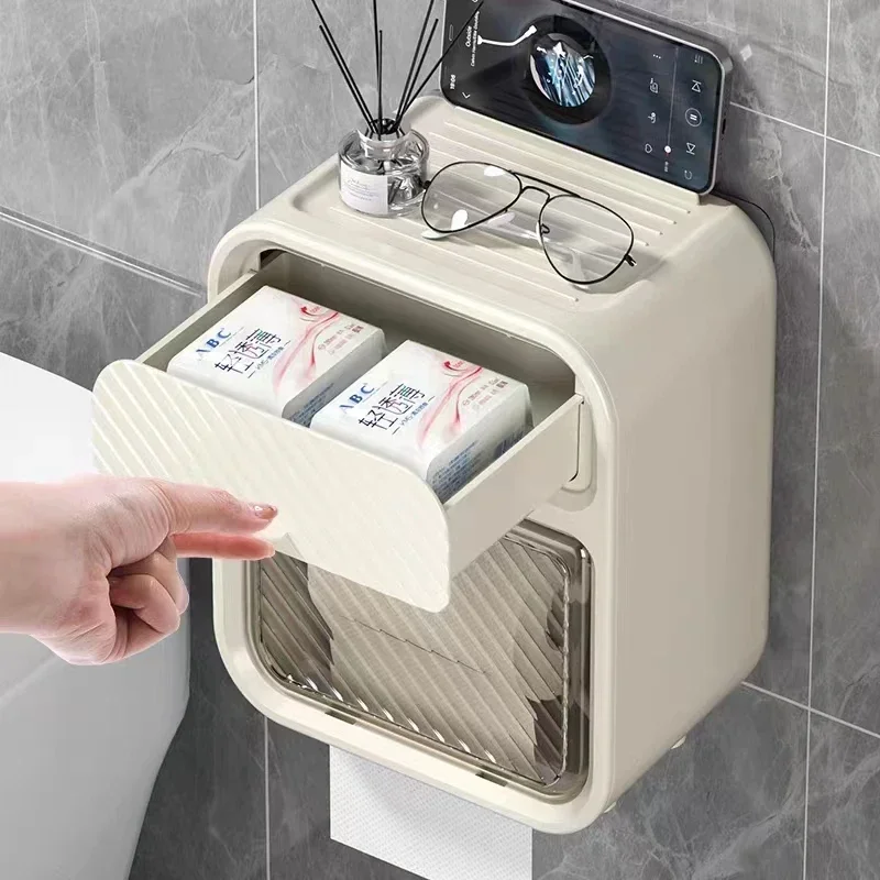 Bathroom Roll Paper Rack Multifunctional Wall-mounted Tissue Box with Storage Shelf  Waterproof Toilet Surface Paper Box