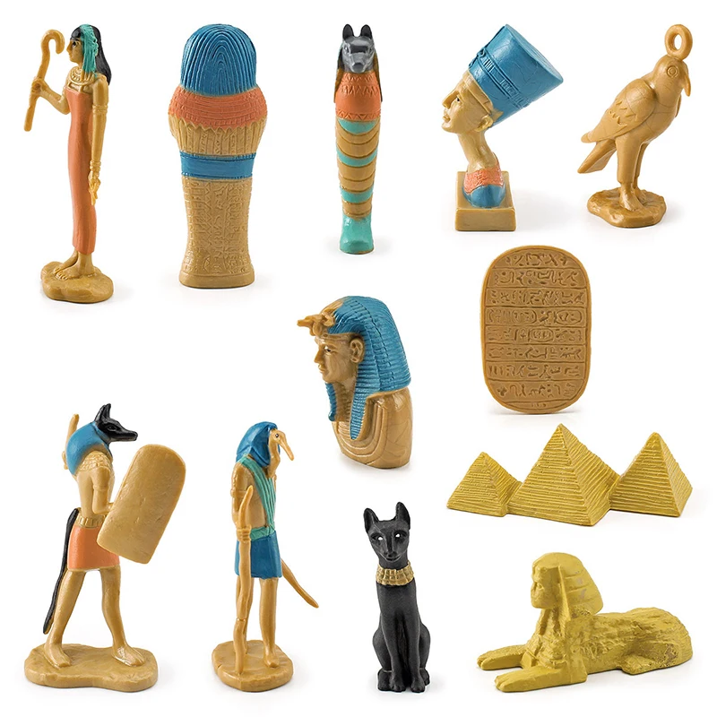 12Pcs Simulation Ancient Egyptian Queen Leopard Head Pyramid Mummy Box Static Model Ornaments Kids Cognitive Toys Birthday Gift