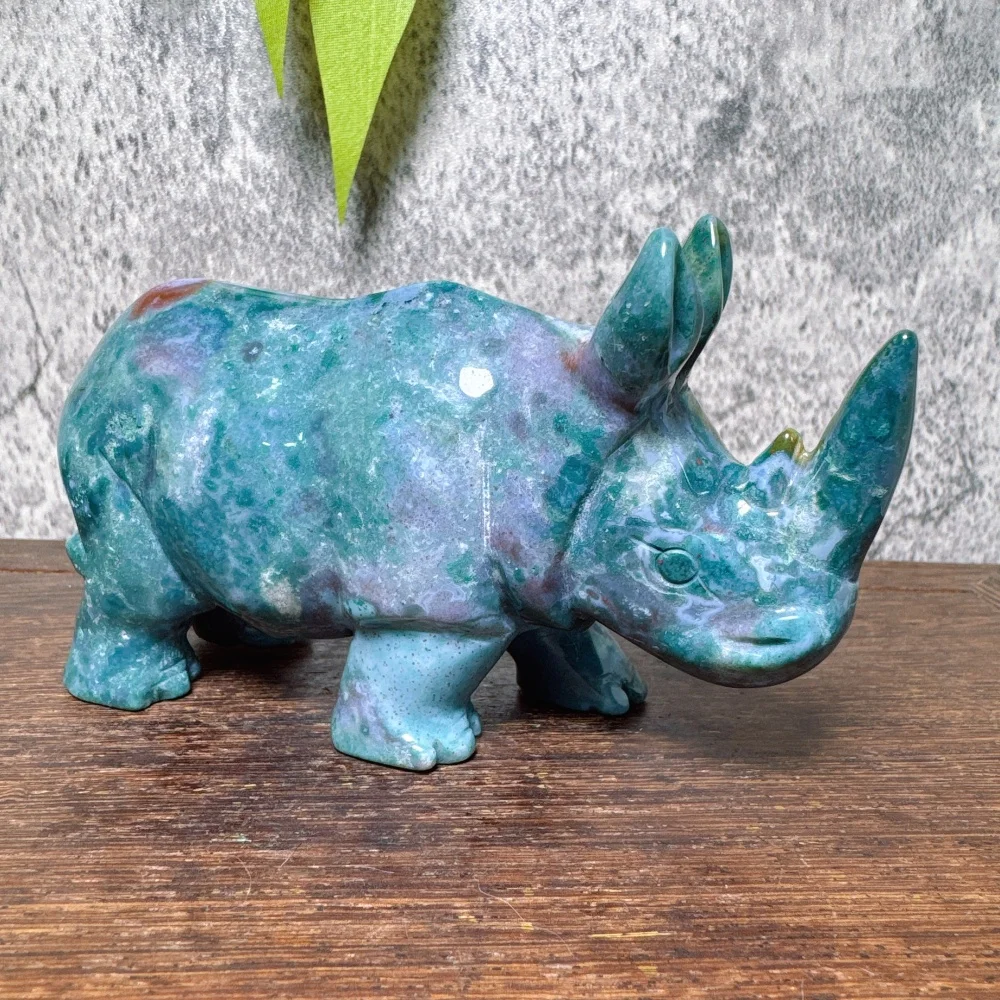 Natural Ocean Jasper Rhino Carving Handmade Polished Animal Statue Powerful Home Decoration Lucky Gift