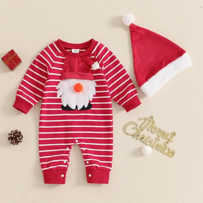 

Baby Clothing Girl Boy Christmas Romper Stripe Print Long Sleeve Crew Neck Full Length Jumpsuit Hat Newborn Clothes