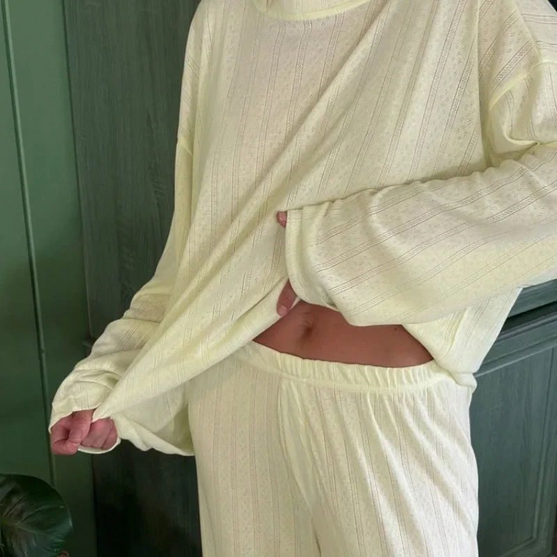 Elegant Comfortable Long Sleeve Shirt Wide Leg Pants Set Homewear Loungewear Nightwear 2025 Women Loose Two Piece Pajamas Set