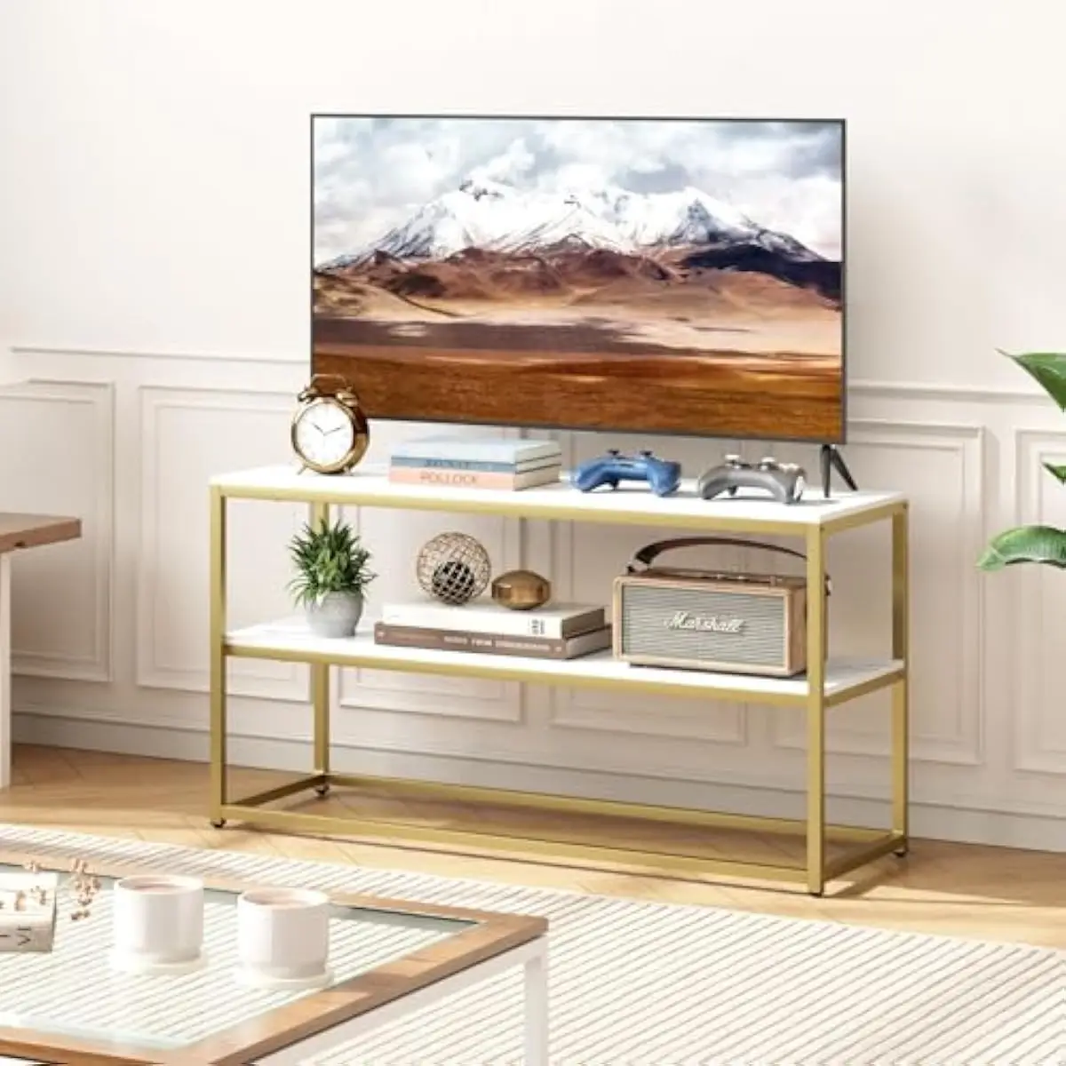 TV Console for Screens up to 50 Inches | Two-Level Glam Design with Faux Marble Surface and Metallic Gold Frame | 42.13 Inch Wid