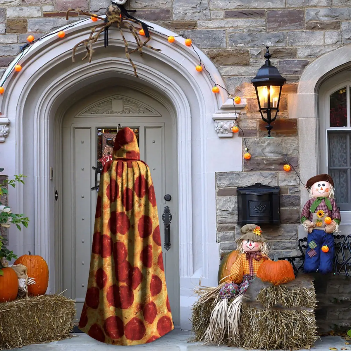 Pepperoni الجبن البيتزا نمط طويل مقنعين عباءة الساحرة القرون الوسطى زي تأثيري كيب هالوين معطف الكبار للجنسين