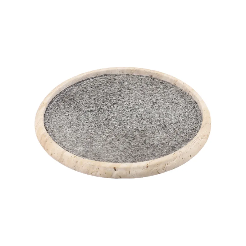 

Minimalist wabi-sabi natural yellow travertine horse hair round aromatherapy decorative tray, bedroom TV cabinet
