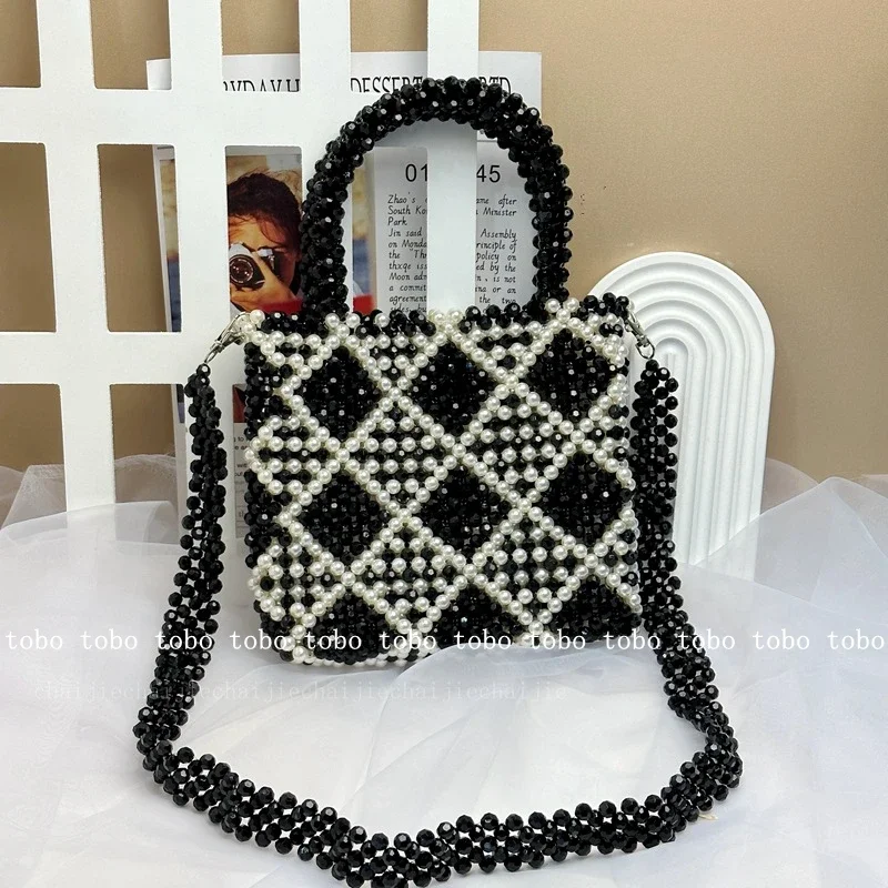 

Homemade Diamond Black and White Checkered Party Evening Bags Acrylic Beaded Quilting Ladies Long Chain Designer Crossbody Bags