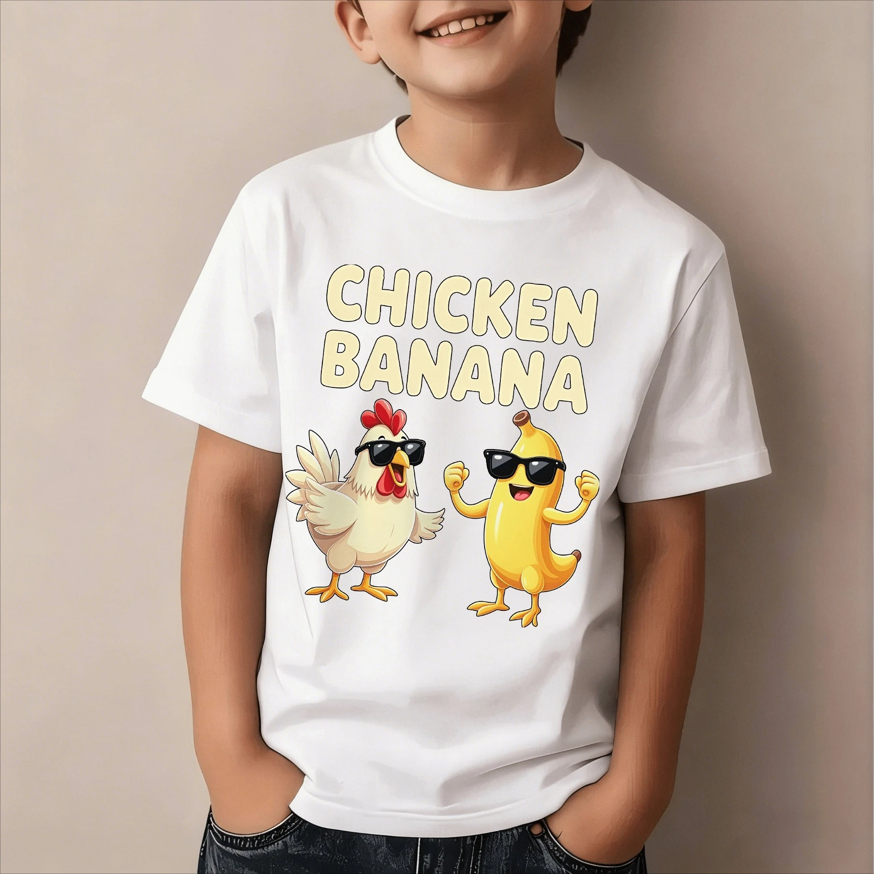 Hot Trend Graphic Children T-Shirt Funny Chicken Banana Printed T-shirt Fashion Casual Tops Funny Chicken Banana Kids Clothes