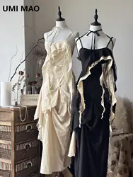 UMI MAO Designer Summer Long Party Dress Elegant Women's New Chinese Irregular Lace Splice Bra Dress Femme Y2K