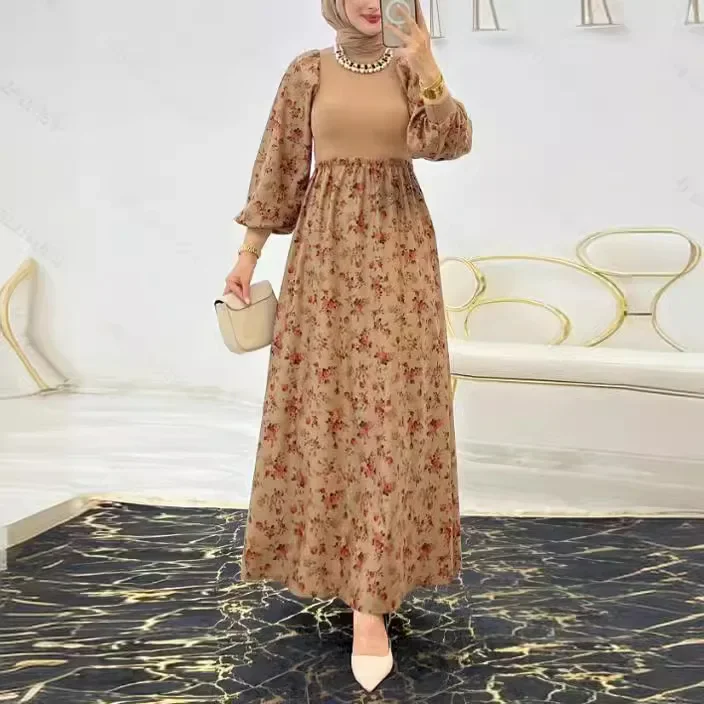 Eid Muslim Arabic Long Robe Women Dresses Flower Print Jalabiya Dubai Abayas Islam Modest Vestidos Ramadan Morocco Kaftan