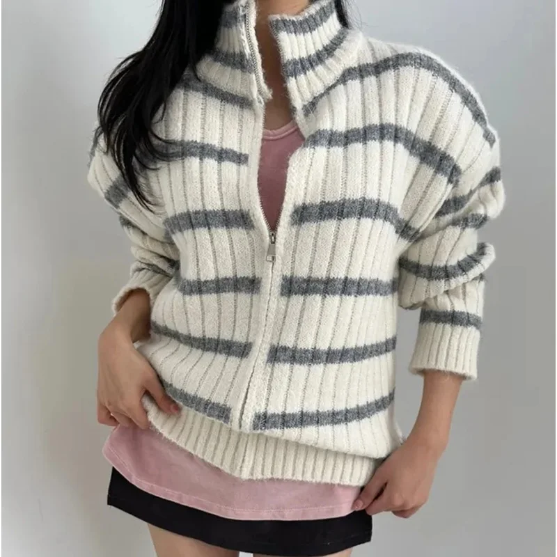 Korean Sle Loose Striped All-Match Stand Collar Zipper Knitted Cardigan Women's Spring New Faion Personali Thi Sweate...