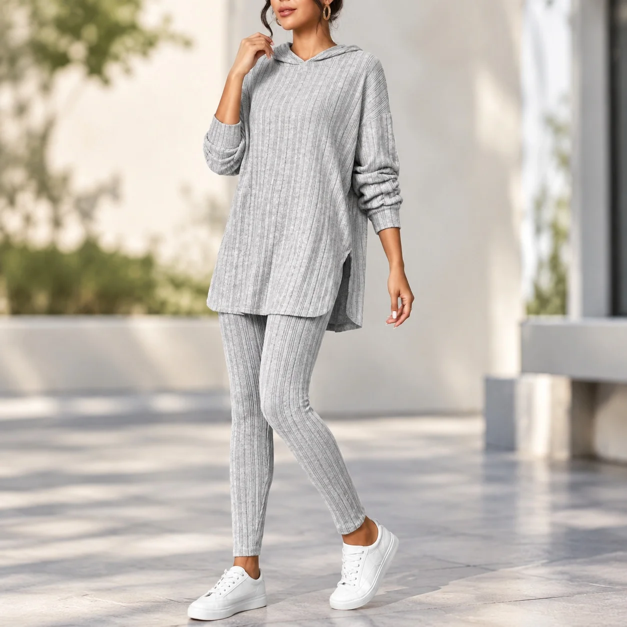 Ribbed Top Long Sleeve Full Length Sexy with Patchwork Striped Plaid Pattern Socialite Style Striped Regular Sleeve Women Sets
