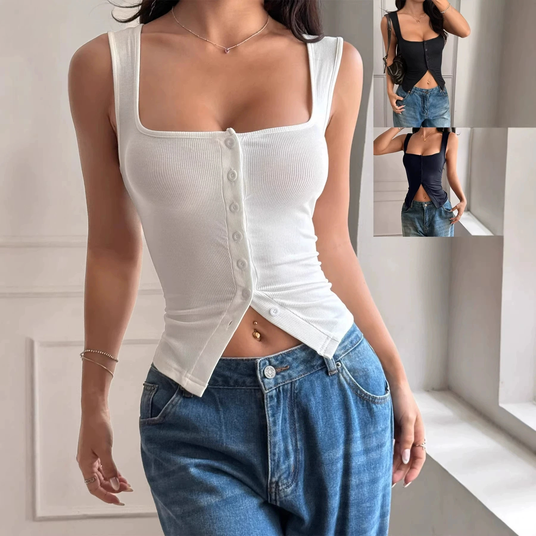 Camisola sin mangas con cuello cuadrado y botones estilo Y2K para mujer, tendencia de verano 2026, para el mercado europeo y americano, disponible en plataformas independientes de Amazon.