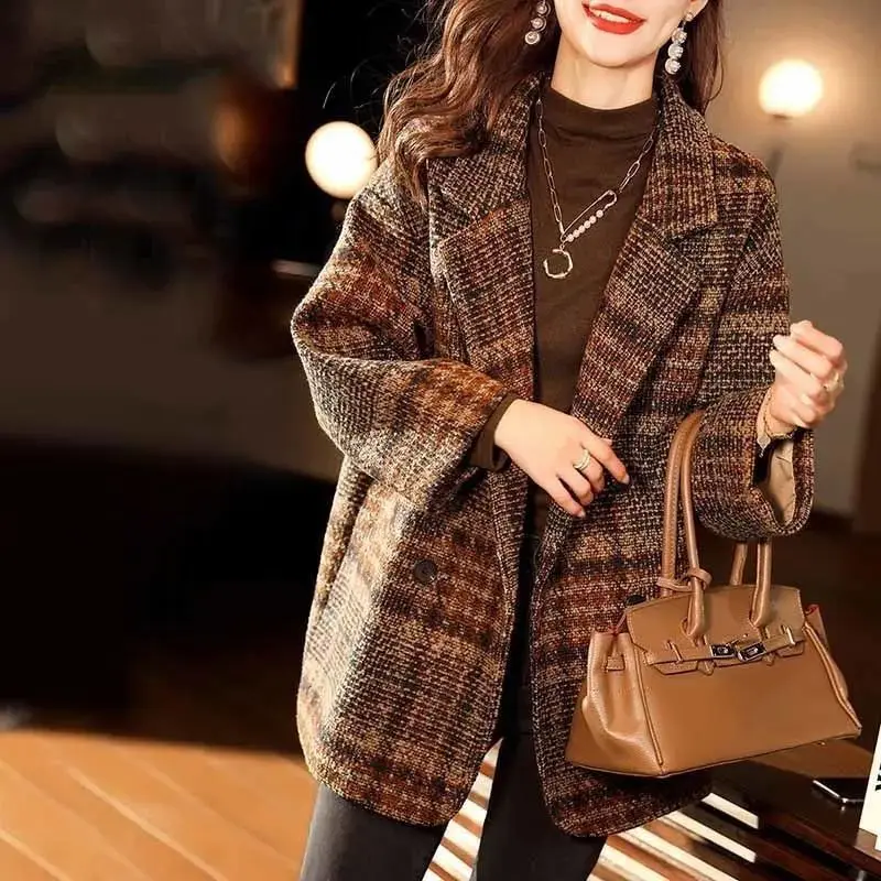 New Women Clothing Korean Woolen Coat Spring Autumn Plaid Windproof Coat High-end Female Small Popular British Style Woolen Coat