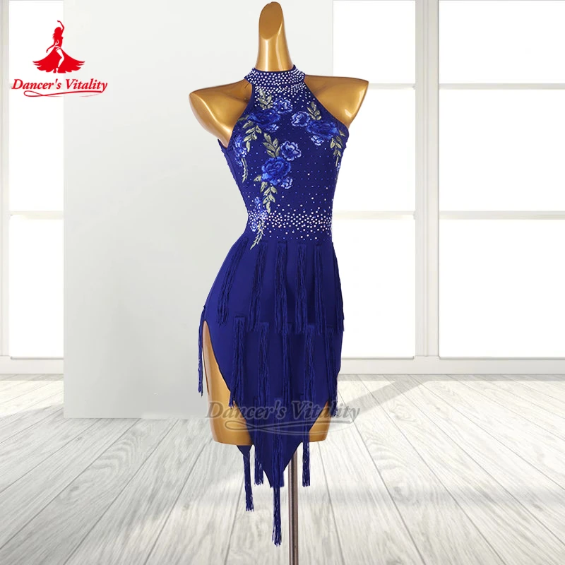 

Танцевальное платье для латиноамериканских танцев с высоким воротом, без рукавов, с бахромой, для взрослых женщин, для чачи, самбы, джайва, сальсы, на заказ