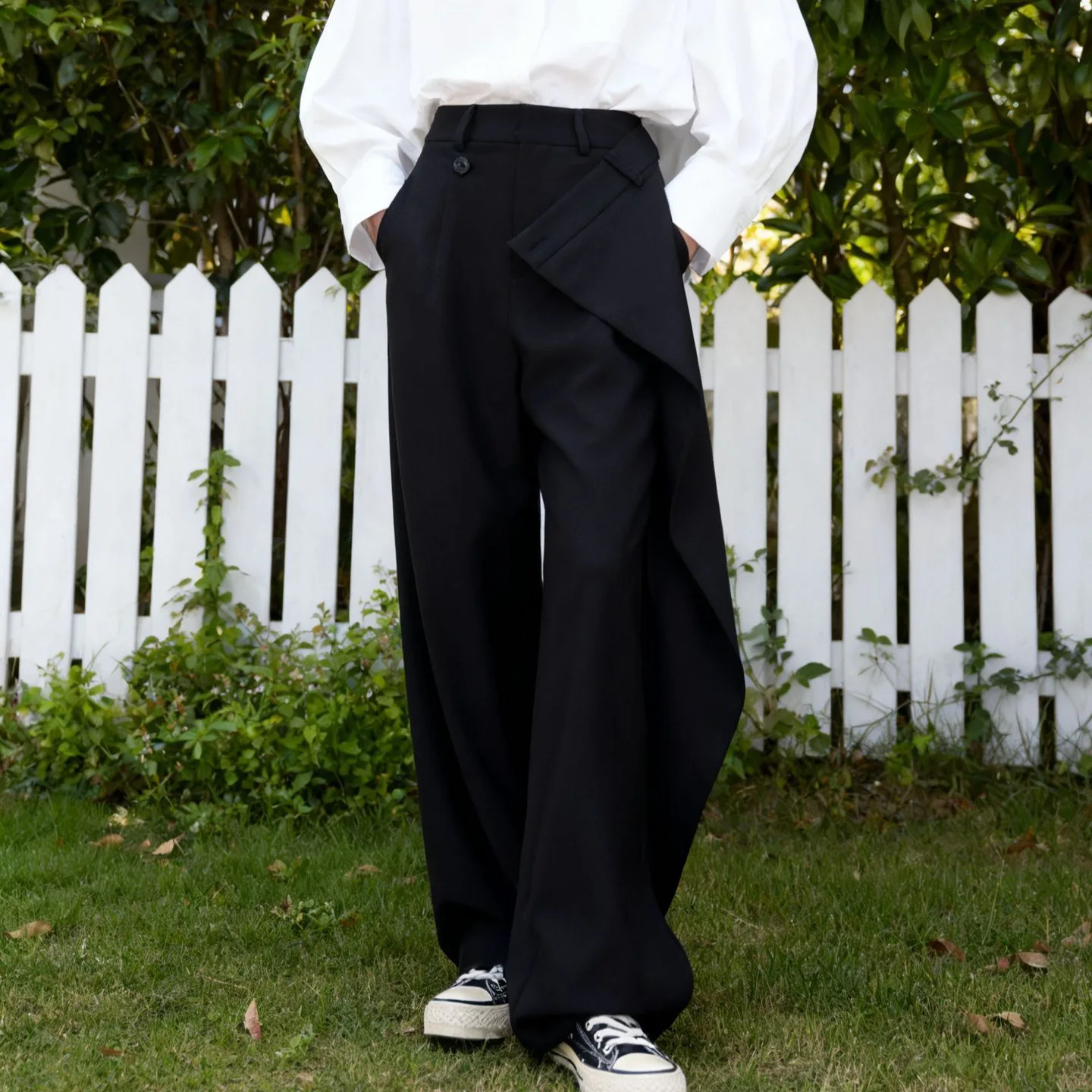 New Black Asymmetric Splicing Suit Pants American Design Slim Straight Casual Long Trousers for Women High Waist Polyester