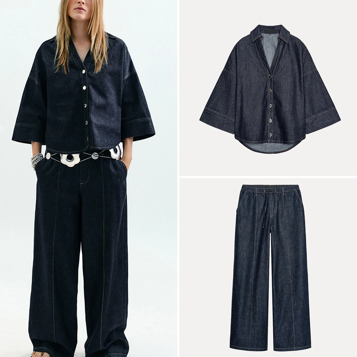 

Женский повседневный комплект из джинсовой ткани и брюк с широким воротником-стойкой и пуговицами, длинные брюки Four Seasons для взрослых Faion